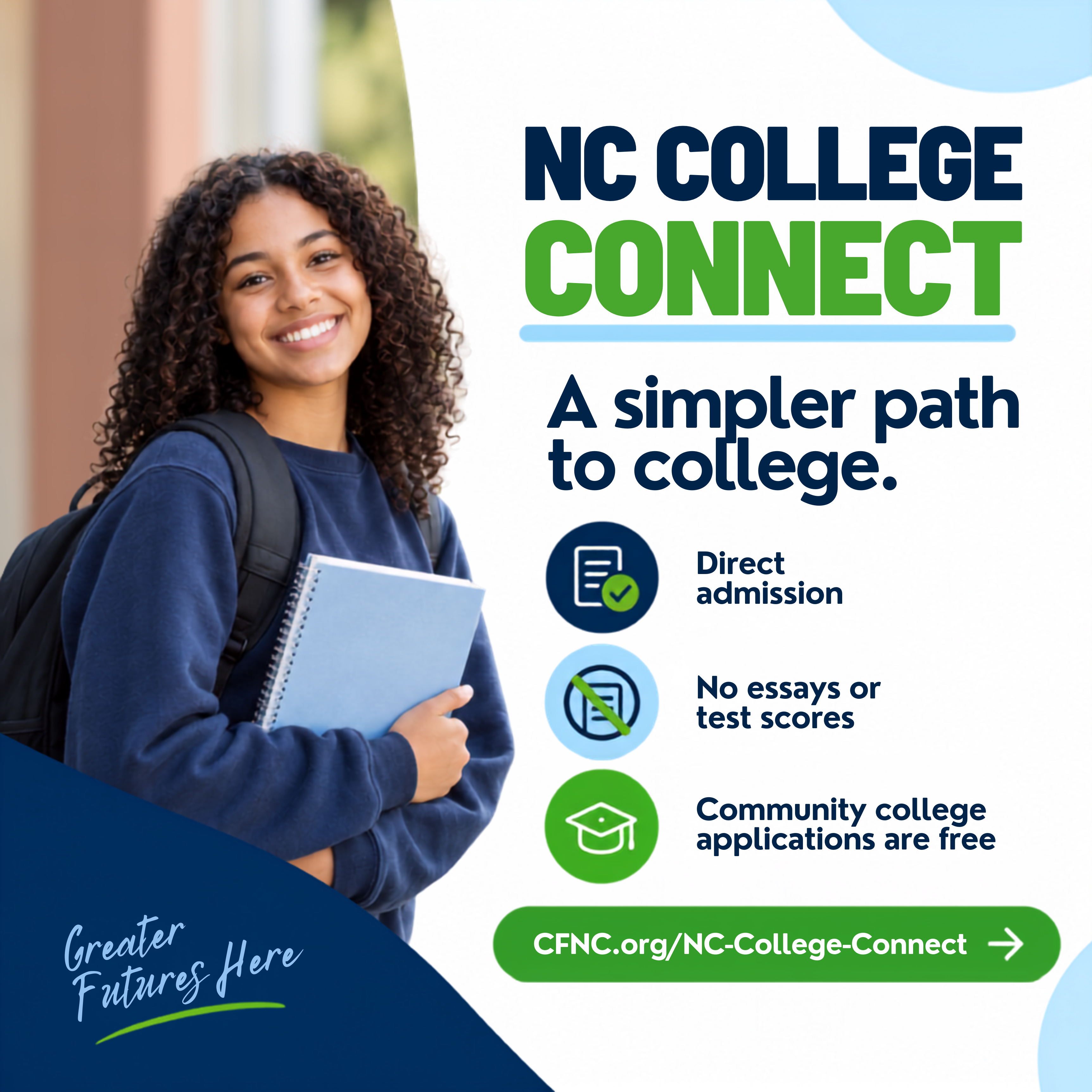 NC College Connect graphic. A smiling student with curly hair wears a navy sweatshirt and backpack while holding a notebook. Text reads: 'NC College Connect — A simpler path to college. Direct admission. No essays or test scores. Community college applications are free.' Link: CFNC.org/NC-College-Connect. Tagline: Greater Futures Here.
