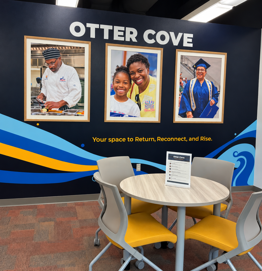 Otter Cove at ACC, with a navy feature wall, portraits of adult learners, and a round table with yellow and gray chairs.