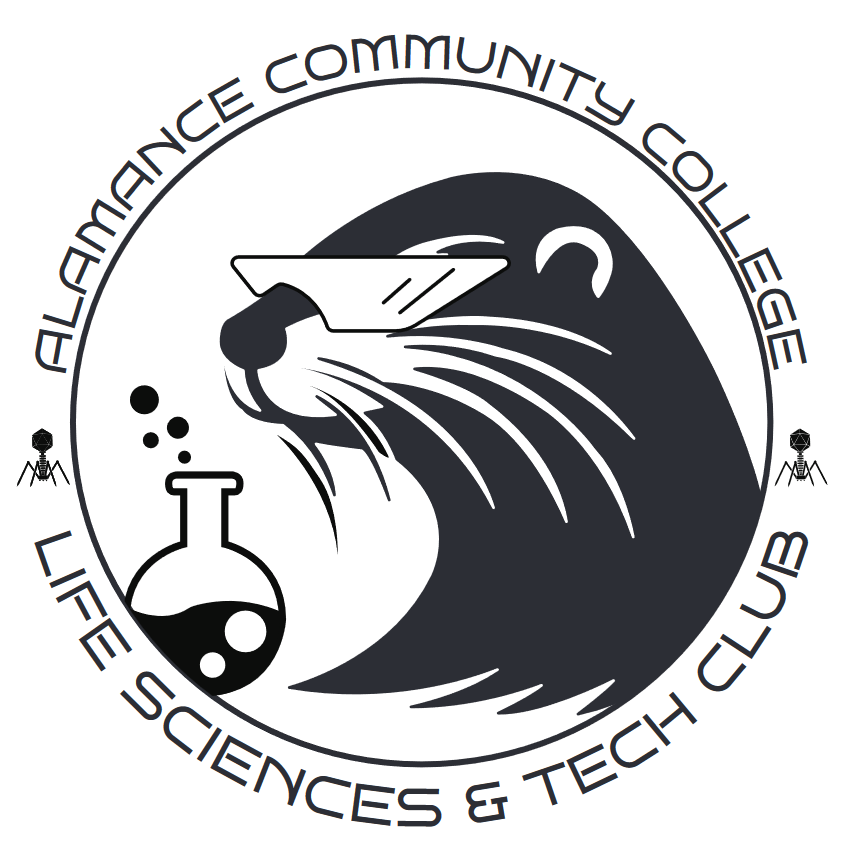 Logo for Alamance Community College Life Sciences & Tech Club. The design features a stylized otter wearing protective laboratory goggles, accompanied by a laboratory flask with bubbling liquid. The text 'Alamance Community College Life Sciences & Tech Club' encircles the design, with small bacteriophage illustrations on either side of the circle.