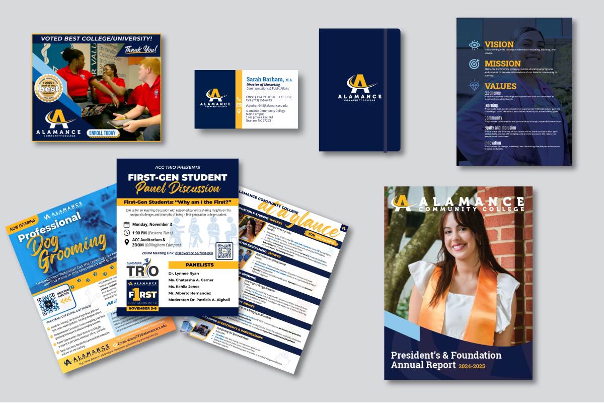 this image shows multiple types of ACC marketing material such as flyers, business cards, notebooks, and social media graphics