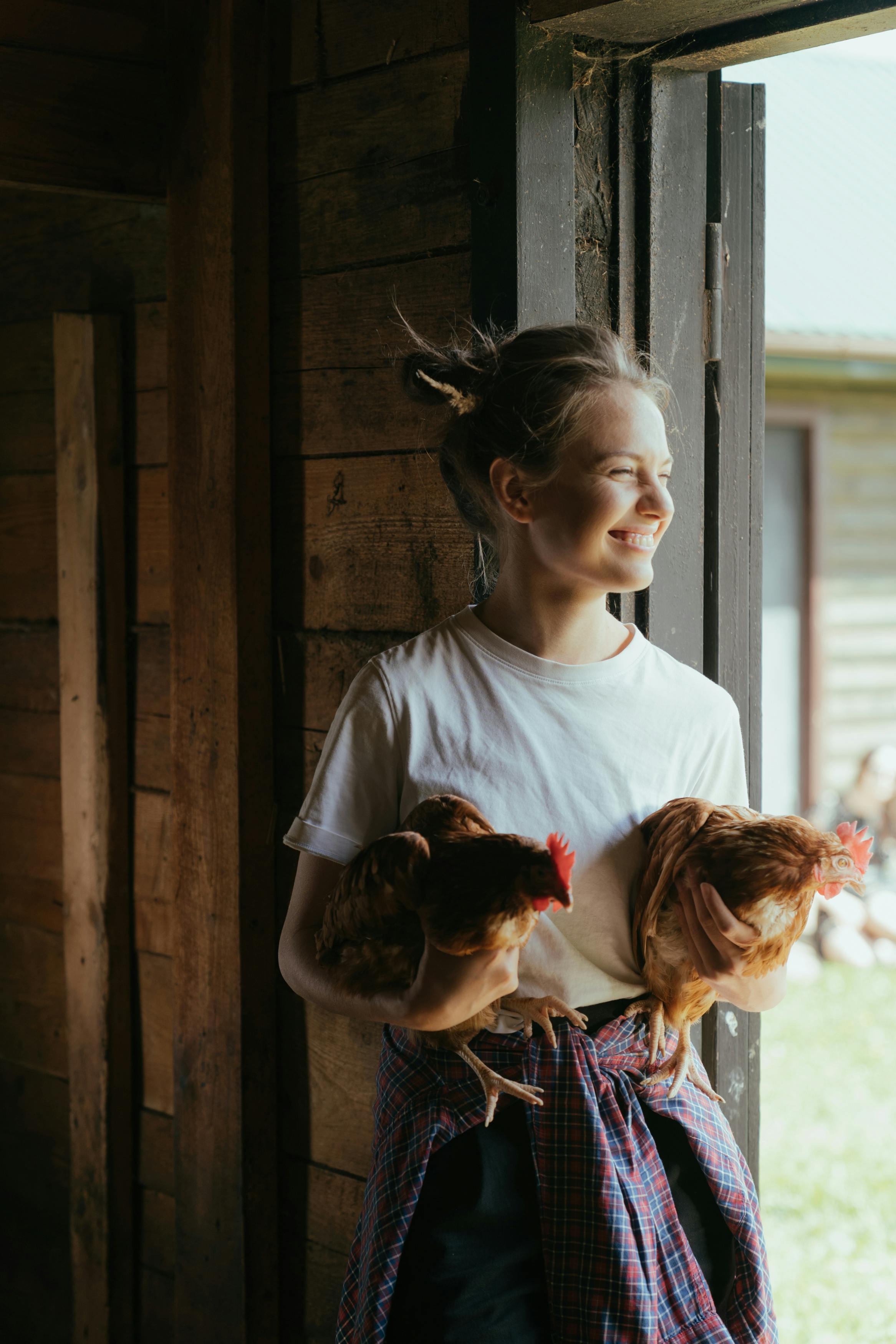 A young woman standing in the doorway of a wooden barn, holding two brown hens and smiling as she looks outside. She is dressed casually in a white T-shirt and has a plaid shirt tied around her waist. The scene captures a warm, rustic atmosphere with natural light streaming in and a glimpse of greenery in the background.